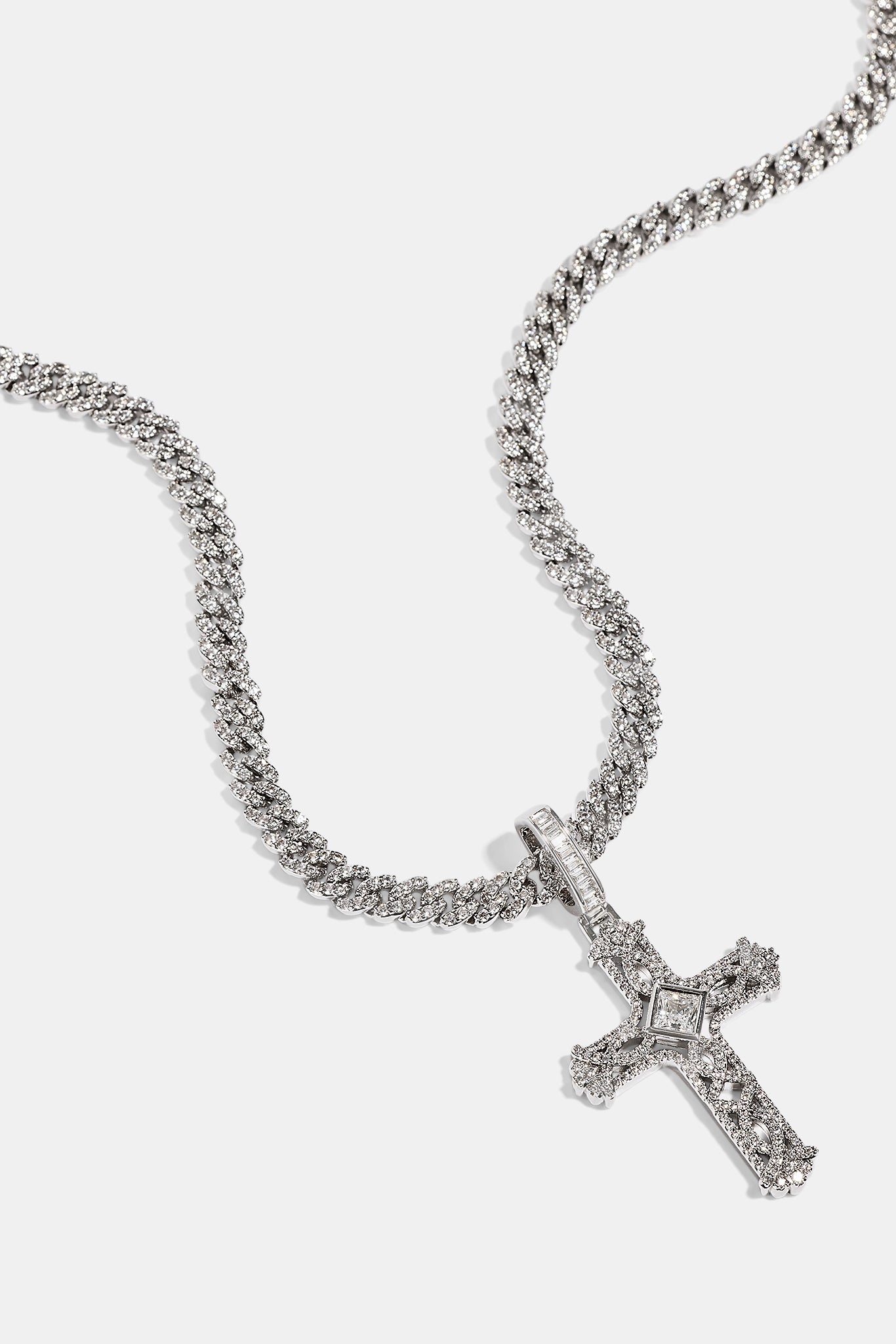 Centre Stone Cross Pendant Cuban Necklace - 25mm - White